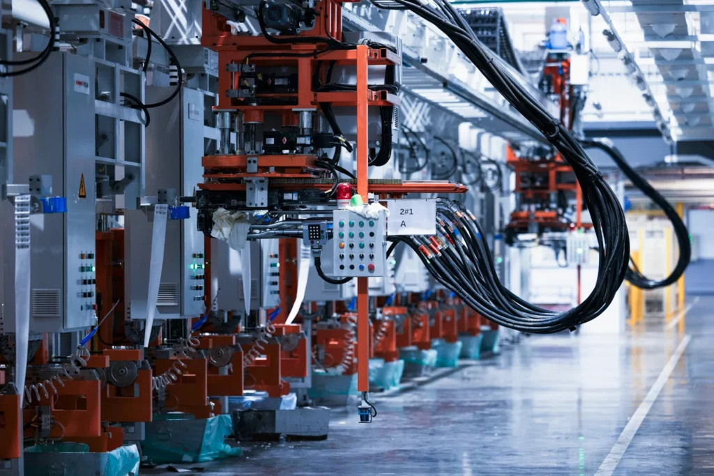 Robotarmer som sveiser bildeler i en bilfabrikk